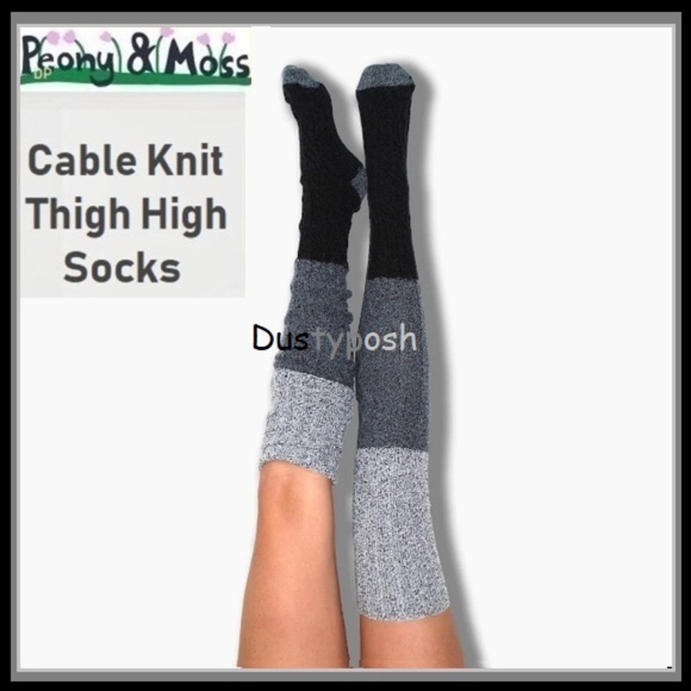 Peony and Moss Thigh High Cable Knit Over Knee Socks Anthropology Black Boot OTK